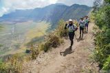 Peserta berlari melintasi view point Bantengan saat gelaran lari lintas alam atau trail run BTS100 Ultra di kawasan Taman Nasional Bromo Tengger Semeru (TNBTS), Lumajang, Jawa Timur, Minggu (3/11/2024). Gelaran lari lintas alam yang diikuti sedikitnya 700 pelari dari 26 negara dengan jarak tempuh terjauh 170 kilometer menjelajah kawasan TNBTS tersebut diharapkan dapat meningkatkan kunjungan pariwisata sekaligus meningkatkan perekonomian masyarakat di wilayah itu. Antara Jatim/Irfan Sumanjaya/um