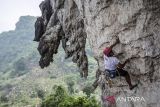 Pegiat panjat tebing membuat jalur panjat saat Festival Hujan 2024 di tebing gatot kaca kawasan Sangyang Lawang, Kabupaten Bandung Barat, Jawa Barat, Minggu (10/11/2024). Festival yang digelar oleh gabungan komunitas panjat tebing, pegiat lingkungan dan olah raga ekstrem se-Bandung Raya tersebut bertujuan untuk menjaga lingkungan serta upaya melestarikan Kawasan Konservasi Karst Citatah. ANTARA FOTO/Abdan Syakura/agr