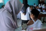 Petugas Pusat Kesehatan Masyarakat (Puskesmas)  menyuntikkan vaksin Difteri Tetanus (DT) kepada murid Madrasyah Ibtidaiyah Negeri (MIN) di Banda Aceh, Aceh, Senin (11/11/2024). Pemerintah pada November 2024  menggelar secara serentak Bulan Imunisasi Anak (BIAS) dengan menyasar sejumlah sekolah memberikan vaksin Difteri Tetanus, pengukuran tinggi dan berat badan untuk mengetahui tumbuh kembang anak dan pemeriksaan kesehatan lainnya dalam upaya pencegahan berbagai penyakit. ANTARA FOTO/Ampelsa.