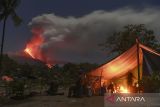 Aktivitas Gunung Lewotobi masih tinggi. Sejumlah pengungsi menyaksikan lava pijar dan kolom asap keluar dari kawah Gunung Lewotobi Laki-laki di lokasi pengungsian swadaya di perbukitan Desa Pululera, Wulanggitang, Kabupaten Flores Timur, Nusa Tenggara Timur, Senin (11/11/2024) malam. Pusat Vulkanologi dan Mitigasi Bencana Geologi (PVMBG) Badan Geologi Kementerian Energi dan Sumber Daya Mineral (ESDM) melaporkan hingga Selasa (13/11) pagi Gunung Lewotobi Laki-laki masih mengalami erupsi dengan ketinggian kolom abu setinggi 3.500-4.000 meter dan terus mengeluarkan lava ke arah barat laut. ANTARA FOTO/Aditya Pradana Putra/Spt/gp