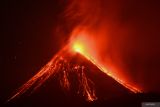 Aktivitas Gunung Lewotobi masih tinggi. Lava pijar dan kolom asap keluar dari kawah Gunung Lewotobi Laki-laki tampak dari Desa Pululera di Wulanggitang, Kabupaten Flores Timur, Nusa Tenggara Timur, Selasa (12/11/2024) dini hari. Pusat Vulkanologi dan Mitigasi Bencana Geologi (PVMBG) Badan Geologi Kementerian Energi dan Sumber Daya Mineral (ESDM) melaporkan Gunung Lewotobi Laki-laki masih mengalami erupsi dengan ketinggian kolom abu setinggi 3.500-4.000 meter dan terus mengeluarkan lava ke arah barat laut. ANTARA FOTO/Aditya Pradana Putra/Spt.ANTARA FOTO/ADITYA PRADANA PUTRA (ANTARA FOTO/ADITYA PRADANA PUTRA)