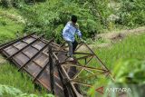 Seorang anak melintasi jembatan Leuwi Awi yang ambruk di Desa Parakanbeusi, Lebak, Banten, Jumat (15/11/2024). Jembatan gantung yang menjadi akses utama penghubung Kecamatan Leuwidamar-Bojongmanik tersebut ambruk pada Kamis (14/11/2024) diduga akibat rusak termakan usia sehingga menyebabkan warga dan siswa terpaksa menyeberang sungai karena akses jalur alternatif yang jauh dengan menempuh jarak sekitar 20 kilometer. ANTARA FOTO/Muhammad Bagus Khoirunas/gp