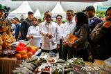 Menteri Koordinator Bidang Pangan Zulkifli Hasan (tengah) didampingi PJ Gubernur Jawa Barat Bey Machmudin (ketiga kanan) meninjau hasil alam dari program ketahanan pangan saat melakukan kunjungan kerja di Bandung, Jawa Barat, Sabtu (16/11/2024). Dalam kunjungan kerjanya Menko Bidang Pangan berkesempatan untuk membuka kegiatan Hari Pangan Sedunia yang diadakan oleh Pemerintah Provinsi Jawa Barat serta meninjau program ketahanan pangan dari berbagai kota yang ada di Jawa Barat. ANTARA FOTO/Raisan Al Farisi/agr
