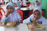 Sejumlah siswa menyantap  makan siang dengan menu ikan saat kegiatan makan bergizi gratis (MBG)  di Madrasyah Ibtidaiyah Negeri (MIN) 7, Banda Aceh, Aceh, Kamis (21/11/2024). Kegiatan makan bergizi gratis dengan menu ikan, daging, sayur dan buah di sekolah itu dalam rangka memperingati Hari Ikan Nasional  tahun 2024 dan  sekaligus  kampanye gemar makan ikan kepada siswa. ANTARA FOTO/Ampelsa.