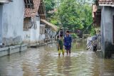 Dua anak melintasi genangan banjir akibat luapan sungai di Desa Rowokangkung, Lumajang, Jawa Timur, Jumat (22/11/2024). Pemerintah Kabupaten setempat telah berkoordinasi dengan pihak terkait untuk menormalisasi sedimentasi sungai sepanjang 1,5 kilometer penyebab banjir yang melanda 541 kepala keluarga di empat dusun sejak Rabu (20/11) agar warga bisa beraktivitas normal kembali. ANTARA Jatim/Irfan Sumanjaya/mas.