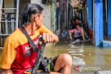 Anak-anak bermain saat banjir melanda Kampung Bojongasih, Dayeuhkolot, Kabupaten Bandung, Jawa Barat, Minggu (24/11/2024). Menurut data dari petugas Desa Dayeuhkolot mencatat sebanyak 3.800 jiwa terdampak bencana banjir akibat luapan Sungai Citarum setinggi 50 hingga 150 cm. ANTARA FOTO/Raisan Al Farisi/agr
