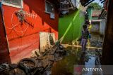 Seorang anak berjalan melewati lumpur bercampur air pascabanjir akibat tanggul jebol di Desa Citeureup, Kecamatan Dayeuhkolot, Kabupaten Bandung, Jawa Barat, Senin (25/11/2024). Sebanyak tiga rumah mengalami kerusakan dan 600 jiwa terdampak akibat tanggul Sungai Cigede jebol pada Minggu (24/11) saat hujan dengan intensitas tinggi mengguyur Kabupaten Bandung. ANTARA FOTO/Raisan Al Farisi/agr
