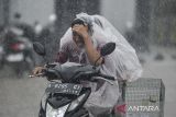 Pengendara motor mengenakan jas hujan saat melintas di Jalan Raya Petir - Tunjung, Kabupaten Serang, Banten, Senin (25/11/2024). Badan Meteorologi Klimatologi dan Geofisika (BMKG) memperkirakan puncak musim hujan di Provinsi Banten terjadi pada bulan Januari - Februari 2025, sedangkan awal musim hujan mulai terjadi pada 10 hari terakhir bulan Desember 2024. ANTARA FOTO/Putra M. Akbar/gp