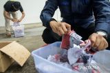 Anggota KPU Kota Bandung merendam dan merobek surat suara Pilkada Jabar yang rusak di gudang logistik KPU Kota Bandung, Bandung, Jawa Barat, Selasa (26/11/2024). KPU Kota Bandung memusnahkan 251 lembar surat suara rusak untuk Pilgub Jabar dan 737 lembar surat suara rusak untuk Pilwalkot Bandung dengan menggunakan air sehingga tidak menyebabkan polusi pembakaran. ANTARA FOTO/Novrian Arbi/agr