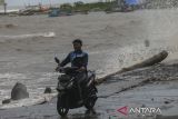 Pengendara sepeda motor melintas di dekat bibir pantai saat ombak dan angin kencang menerjang di Desa Teluk, Labuan, Kabupaten Pandeglang, Banten, Senin (2/12/2024). Badan Meteorologi, Klimatologi dan Geofisika (BMKG) mengeluarkan peringatan dini gelombang tinggi dengan kisaran 1,25 meter hingga 2,5 meter yang berpotensi terjadi di beberapa wilayah perairan Indonesia pada 2 hingga 4 Desember 2024 serta mengimbau kepada masyarakat yang tinggal dan beraktivitas di sekitar pesisir agar selalu waspada. ANTARA FOTO/Angga Budhiyanto/gp