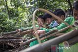 Pelajar bermain permainan tradisional bedil jepret saat Festival permainan tradisional di Kampung Adat Cirendeu, Kota Cimahi, Jawa Barat, Sabtu (7/12/2024). Festival yang diisi dengan berbagai permainan tradisional seperti egrang, bedil jepret, bakiak balok, bedil peletok dan perepet jengkol tersebut digelar untuk melestarikan permainan tradisional, mengasah ketangkasan serta meningkatkan interaksi pergaulan antar anak guna mengurangi penggunaan gawai yang populer dikalangan anak-anak. ANTARA FOTO/Abdan Syakura/agr