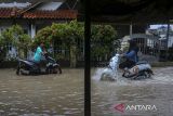 Pengendara sepeda motor melintasi jalan yang terendam banjir di Desa Baros, Kecamatan Baros, Kabupaten Serang, Banten, Senin (9/12/2024). Tingginya curah hujan yang mengguyur kawasan tersebut sejak Senin (9/12) pagi disertai saluran drainase yang buruk mengakibatkan banjir di sejumlah titik dengan ketinggian mencapai sekitar 45 sentimeter. ANTARA FOTO/Angga Budhiyanto/gp