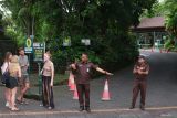 Petugas keamanan berjaga di depan pintu masuk objek wisata Monkey Forest di Ubud, Gianyar, Bali, Rabu (11/12/2024). Objek wisata tersebut ditutup sementara imbas dua wisatawan mancanegara meninggal dunia akibat tertimpa pohon tumbang yang terjadi pada Selasa (10/12). ANTARA FOTO/Nyoman Hendra Wibowo/wsj.