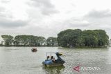 Wisatawan menaiki perahu bebek di Danau Tasikardi, Kramatwatu, Kabupaten Serang, Banten, Minggu (15/12/2024). Pemerintah Provinsi Banten menargetkan sebanyak dua juta wisatawan mengunjungi lokasi-lokasi wisata yang ada di Banten sepanjang libur Natal dan Tahun Baru 2025. ANTARA FOTO/Putra M. Akbar/gp