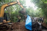 Petugas menggunakan alat berat saat melakukan evakuasi seekor gajah sumatera (Elephas maximus sumatranus) koleksi Bali Zoo yang ditemukan mati di kawasan Sungai Cengceng, Desa Guwang, Gianyar, Bali, Selasa (17/12/2024). Gajah betina bernama Molly yang berusia 45 tahun tersebut ditemukan mati setelah terseret arus sungai yang debit airnya meningkat saat hujan deras pada Senin (16/12). ANTARA FOTO/Fikri Yusuf/wsj.