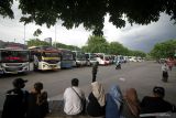 Sejumlah armada bus terparkir di Terminal Purabaya, Bungurasih, Sidoarjo, Jawa Timur, Sabtu (21/12/2024). Pengelola Terminal Purabaya mempersiapkan sekitar 2500 armada bus Antar Kota Dalam Provinsi (AKDP) dan Antar Kota Antar Provinsi (AKAP) untuk mengantisipasi lonjakan jumlah penumpang Natal dan Tahun Baru 2025. Antara Jatim/Umarul Faruq