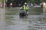 Pengemudi ojek online mendorong motornya yang mogok saat menerobos banjir di jalan raya Pepelegi, Waru, Sidoarjo, Jawa Timur, Rabu (25/12/2024). Intensitas curah hujan tinggi di kawasan Waru dan kurangnya normalnya aliran sungai menyebabkan banjir di belasan desa dengan ketinggian air mencapai 30-60 cm. Antara Jatim/Umarul Faruq/um