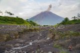 Warga melintasi jalur Curah Kobokan saat asap vulkanis keluar dari kawah Gunung Semeru terlihat dari Desa Supiturang, Lumajang, Jawa Timur, Sabtu (28/12/2024). Bedasarkan data Pusat Vulkanologi Mitigasi Bencana Geologi (PVMBG) terjadi erupsi pada pukul 05:21 WIB dengan tinggi kolom abu teramati 700 meter di atas puncak atau kurang lebih 4376 m di atas permukaan laut, kolom abu teramati berwarna putih hingga kelabu dengan intensitas sedang ke arah utara. ANTARA FOTO/Irfan Sumanjaya/nz