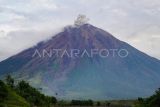 Asap vulkanis keluar dari kawah Gunung Semeru terlihat dari Desa Supiturang, Lumajang, Jawa Timur, Sabtu (28/12/2024). Bedasarkan data Pusat Vulkanologi Mitigasi Bencana Geologi (PVMBG) terjadi erupsi pada pukul 05:21 WIB dengan tinggi kolom abu teramati 700 meter di atas puncak atau kurang lebih 4376 m di atas permukaan laut, kolom abu teramati berwarna putih hingga kelabu dengan intensitas sedang ke arah utara. ANTARA FOTO/Irfan Sumanjaya/nz