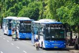 Tiga bus listrik Transjakarta mengantre sebelum memasuki Halte Transjakarta Pasar Baru di Jakarta, Jumat (27/12/2024). Pemerintah Provinsi DKI Jakarta memastikan akan menggratiskan tarif tiga moda transportasi seperti Transjakarta, MRT Jakarta, dan LRT Jakarta pada 31 Desember 2024 dan 1 Januari 2025. ANTARA FOTO/Aditya Nugroho/app/rwa.