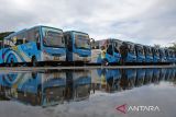 Warga melintas di depan Bus Trans Koetaradja saat parkir di Terminal Batoh, Banda Aceh, Aceh, Jumat (3/1/2024). Menurut pemerintah Aceh,  sebanyak 59 unit bus  umum Trans Koetaradja yang selama ini melayani angkutan penumpang secara gratis dan mempekerjakan sebanyak 110 pekerja berhenti beroperasi karena berakhirnya kontrak kerja  pada 31 Desember 2024 dan armada milik pemeritah itu akan kembali beroperasi pada Februari 2025 setelah dilakukan kontrak kerja baru. ANTARA FOTO/Ampelsa.