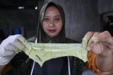 Devi Susanti (42) memasukkan kulit ikan patin kedalam tepung sebelum digoreng di Desa Jogoroto, Kecamatan Jogoroto, Kabupaten Jombang, Jawa Timur, Rabu (8/1/2025). Usaha rumahan kerupuk ikan patin yang digeluti ibu rumah tangga di Jombang, setelah mendapat pelatihan pengolahan ikan dari Dinas Perikanan Provinsi Jatim tersebut dalam sehari bisa memproduksi lima kilogram dan dijual mulai Rp12 ribu kemasan 45 gram hingga Rp25 ribu untuk kemasan 150 gram. ANTARA Jatim/Syaiful Arif/mas.