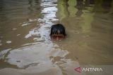 Seorang anak bermain air saat banjir di Kelurahan Kedaleman, Kota Cilegon, Banten, Kamis (9/1/2025). BPBD Kota Cilegon mencatat sebanyak enam titik lokasi banjir hingga jalan menuju kawasan wisata Anyer terendam banjir dengan ketinggian air mencapai 50 sentimeter hingga 1 meter akibat hujan lebat yang terjadi sejak semalam sehingga membuat warga kesulitan beraktivitas. ANTARA FOTO/Muhammad Bagus Khoirunas/gp