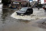 Kendaraan memaksakan untuk melintasi banjir di Jalan Raya Pelni, Taman Duta, Depok, Jawa Barat, Kamis (9/1/2025). Banjir di kawasan tersebut terus berulang setelah hujan deras, dan menyebabkan meluapnya air Sungai Kalibaru sehingga akses jalan tergenang air setinggi 30-60 cm. ANTARA FOTO/Yulius Satria Wijaya/foc.