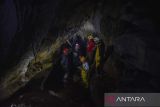 Pegiat susur gua yang tergabung Tasikmalaya Caving Community (TCC) melakukan susur Gua Cikalong di Kabupaten Tasikmalaya, Jawa Barat, Minggu (2/2/2025). Kegiatan pemetaan dan pendataan gua itu dilakukan untuk meneliti ekosistem mikroorganisme di dalam gua yang berada di kawasan karst yang memiliki kadar air 7,6 pH (potential hydrogen) dan 132 ppm (part per million) serta total panjang gua mencapai 54 meter. ANTARA FOTO/Adeng Bustomi/agr