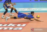 Pevoli putra Surabaya Samator Hayun Muhammad (kanan) berusaha mengembalikan bola ke arah pevoli putra Surabaya Samator saat pertandingan PLN Mobile Proliga 2025 putaran kedua pekan kelima di Gor Indoor Jalak Harupat, Kabupaten Bandung, Jawa Barat, Minggu (9/2/2025). Pertandingan tersebut dimenangkan oleh Surabaya Samator dengan skor 3-2 (25-19, 20-25, 25-14, 24-26 dan 15-12). ANTARA FOTO/Raisan Al Farisi/agr