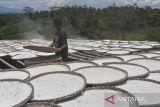 Pekerja menjemur tepung singkong di Cineam, Kabupaten Tasikmalaya, Jawa Barat, Selasa (18/2/2025). Kementerian Pertanian menetapkan harga pembelian singkong untuk industri tepung nasional sebesar Rp1.350 per kilogram sebagai upaya pemerintah melindungi petani singkong. ANTARA FOTO/Adeng Bustomi/agr
