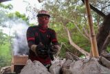 Pekerja menata arang yang dihasilkannya di Pantai Bangsring, Banyuwangi, Jawa Timur, Rabu (19/2/2025). Pengolahan sampah laut dan sampah wisata seperti batok kelapa muda dan kayu yang terdampar di Pantai itu merupakan salah satu Inovasi pengelola wisata untuk  meningkatkan nilai ekonomi dari limbah yang mencemari perairan. ANTARA Jatim/Budi Candra Setya/mas.