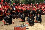 Sejumlah warga Dayak dari Pasukan Merah Tariu Borneo Bangkule Rajakng (TBBR) menari dalam HUT Keramat Patih Patinggi TBBR di Desa Sepang, Kecamatan Toho, Kabupaten Mempawah, Kalimantan Barat, Sabtu (8/3/2025). Kementerian HAM menggandeng lima ribu anggota Pasukan Merah TBBR sebagai Sahabat HAM untuk turut berperan dalam menyebarluaskan kesadaran mengenai pentingnya HAM dalam masyarakat di wilayah setempat. ANTARA FOTO/Jessica Wuysang/rwa. 