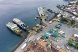 Foto udara suasana bongkar muat truk angkutan barang di Pelabuhan LCM Ketapang, Banyuwangi, Jawa Timur, Jumat (14/3/2025). Dalam rangka angkutan lebaran tahun 2025 di Pelabuhan Ketapang dan Gilimanuk akan diberlakukan pembatasan selama 16 hari untuk kendaraan angkutan barang yang dimulai pada kamis (24/3) hingga Selasa (8/4) guna mengantisipasi kepadatan kendaraan pemudik. Antara Jatim/Budi Candra Setya/um