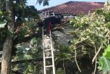 Warga memotong pohon jati yang roboh dan menimpa rumah karena angin puting beliung di Desa Tambibendo, Kabupaten Kediri, Jawa Timur, Sabtu (12/4/2025). Angin puting beliung yang disertai hujan di wilayah tersebut menyebabkan 20 rumah warga rusak dan sejumlah pohon besar tumbang. ANTARA Jatim/Prasetia Fauzani/mas.