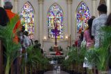 Umat Katolik mengikuti Misa Minggu Palma di Gereja Katolik Kelahiran Santa Perawan Maria di Jalan Kepanjen, Surabaya, Jawa Timur, Minggu (13/4/2025). Misa Minggu Palma itu merupakan rangkaian perayaan Paskah serta guna memperingati datangnya Yesus di Yerusalem. ANTARA Jatim/Didik Suhartono/mas.