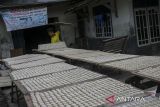 Perajin mengangkut kue kering yang telah dijemur di rumah industri Ibnu Jaya Abadi, Kasemen, Kota Serang, Banten, Rabu (16/4/2025). Kementerian Usaha Mikro, Kecil, Menengah (UMKM) mencatat pencapaian realisasi Kredit Usaha Rakyat (KUR) pada triwulan pertama tahun 2025 telah mencapai Rp57,51 triliun yang disalurkan kepada kurang lebih 1,014 juta debitur di seluruh Indonesia. ANTARA FOTO/Angga Budhiyanto/gp