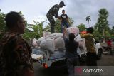 Petugas Bulog dibantu aparat Babinsa memindahkan karung berisi gabah kering panen  (GKP) ke mobil angkutan barang saat pembelian langsung gabah petani di desa Lampanah Leungah, Kecamatan Seulimum, kabupaten Aceh Besar, Aceh, Kamis (17/4/2025). Perum Bulog Kantor Wilayah Aceh mencatat realisasi penyerapan  gabah kering paneh (GKP) hingga 16 April 2025 di daerah itu  telah mencapai  68.514 ton setara beras atau melampui dari yang ditargetkan Janurai-April 2025 sebanyak  54.490 ton. ANTARA FOTO/Ampelsa.