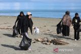 Pelaku wisata memungut sampah plastik bekas di lokasi wisata Pantai Syiah Kuala, Banda Aceh, Aceh, Selasa (22/4/2025). Gerakan bersih wisata dalam rangka memperingati Hari Bumi itu mengumpulkan sekitar dua ton sampah plastik bekas beserta sampah lainnya dan sekaligus mengkapanyekan  cinta  laut tanpa sampah plastik. ANTARA FOTO/Ampelsa.