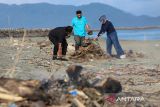 Pelaku wisata memungut sampah plastik bekas di lokasi wisata Pantai Syiah Kuala, Banda Aceh, Aceh, Selasa (22/4/2025). Gerakan bersih wisata dalam rangka memperingati Hari Bumi itu mengumpulkan sekitar dua ton sampah plastik bekas beserta sampah lainnya dan sekaligus mengkapanyekan  cinta  laut tanpa sampah plastik. ANTARA FOTO/Ampelsa.