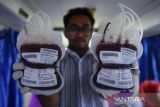 Petugas menunjukkan kantong darah pendonor di mobil unit donor darah di Plaza Shinta, Kota Tangerang, Banten, Jumat (25/4/2025). PMI melakukan aksi jemput bola ke pusat keramaian sebagai upaya memenuhi kebutuhan darah di Kota Tangerang yang mencapai 250 kantong setiap harinya. ANTARA FOTO/Putra M. Akbar/gp