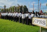 Calon Pegawai Pegawai Negeri Sipil (CPNS) berbaris saat mengikuti acara penyerahan Surat Keputusan (SK) di Halaman Kantor Bupati Lumajang, Jawa Timur, Senin (28/4/2025). Pemerintah Kabupaten Lumajang menyerahkan SK pengangkatan CPNS kepada 100 orang formasi Tahun 2024 dengan jabatan fungsi tenaga kesehatan dan tenaga teknis. Antara Jatim/Irfan Sumanjaya/um