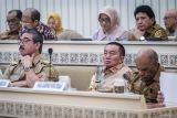 Gubernur Kalimantan Selatan Muhidin (tengah) bersiap memberikan paparan saat mengikuti Rapat Dengar Pendapat (RDP) Komisi II DPR di Kompleks Parlemen, Senayan, Jakarta, Selasa (29/4/2025). Rapat tersebut beragendakan pembahasan terkait penyelenggaraan pemerintah daerah yaitu salah satunya tentang dana transfer pusat ke daerah. ANTARA/Bayu Pratama S