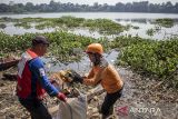Petugas membersihkan sampah di bantaran Sungai Citarum, Cihampelas, Kabupaten Bandung Barat, Jawa Barat, Rabu (30/4/2025). Pemerintah Kabupaten Bandung Barat bersama instansi, relawan, komunitas dan masyarakat menggelar aksi bersih Sungai Citarum bertajuk Bebersih Walungan Sasarengan dalam rangka memperingati Hari Peduli Sampah Nasional (HPSN) 2025 sekaligus upaya mengedukasi masyarakat untuk lebih peduli terhadap kebersihan dan kesehatan ekologi sungai. ANTARA FOTO/Abdan Syakura/agr
