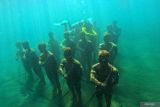 Penyelam melintasi patung miniatur kerajaan Majapahit yang ditenggelamkan di Pantai Bangsring, Banyuwangi, Jawa Timur, Minggu (4/5/2025). Kawasan bawah laut seluas 15 hektar yang dahulu rusak akibat penangkapan ikan tidak ramah lingkungan tersebut kini telah pulih berkat upaya tranplantasi terumbu karang oleh kelompok nelayan Samudra Bakti sejak 2009 dan kini menjadi habitat bagi beragam biota laut. Antara Jatim/Budi Candra Setya/um
