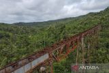 Foto udara jembatan rel kereta api Cikacepit di Desa Pamotan, Kabupaten Pangandaran, Jawa Barat, Rabu (7/5/2025). Jembatan kereta api terpanjang di Indonesia dengan bentangan 310 meter yang dibangun pada zaman Pemerintahan Belanda tahun 1913-1916 itu, pernah menjadi lintasan kereta api jurusan Banjar-Cijulang dan rencananya Pemerintah Provinsi Jawa Barat akan reaktivasi jalur kereta api di Jawa Barat senilai Rp15 triliun. ANTARA FOTO/Adeng Bustomi/agr