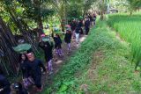 Sejumlah masyarakat suku Osing membawa ithuk berisi makanan tradisional pecel pitik menunju sumber mata air mangarang pada ritual adat Ithuk-ithukan di Kampung Anyar, Banyuwangi, Jawa Timur, Sabtu (10/5/2025). Tradisi tersebut tidak hanya menjadi ungkapan rasa syukur atas melimpahnya sumber mata air yang menjadi kebutuhan sehari-hari, tetapi juga sebagai doa awal musim tanam agar panen melimpah. Antara Jatim/Budi Candra Setya/um