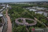 Foto udara pengunjung melintasi jembatan saat berwisata di Ketapang Urban Aquaculture, Kabupaten Tangerang, Banten, Senin (12/5/2025). Wisata alam kawasan pesisir seluas 26,9 hektare yang ditanami ribuan pohon mangrove tersebut menjadi salah satu destinasi wisata alternatif dan edukatif bagi masyarakat. ANTARA FOTO/Putra M. Akbar/gp