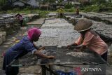 Pekerja menjemur ikan asin di tempat pelelangan ikan (TPI) Panimbang, Kabupaten Pandeglang, Banten, Selasa (13/5/2025). Kementerian Kelautan dan Perikanan (KKP) menegaskan komitmen pengelolaan laut berkelanjutan melalui program ekonomi biru dan regulasi zonasi ruang laut agar tercipta keselarasan antara pengembangan ekonomi serta pelestarian ekosistem pesisir dan laut. ANTARA FOTO/Angga Budhiyanto/gp