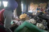Pekerja menggoreng tahu di salah satu pabrik tahu yang menggunakan sampah plastik sebagai bahan bakar di Tropodo, Krian, Sidoarjo, Jawa Timur, Kamis (15/5/2025). Pabrik tahu di wilayah tersebut menggunakan sampah plastik dan spon karet sebagai bahan bakar karena harganya yang murah meski asap hasil pembakaran sampah plastik bisa mencemari udara. Antara Jatim/Umarul Faruq